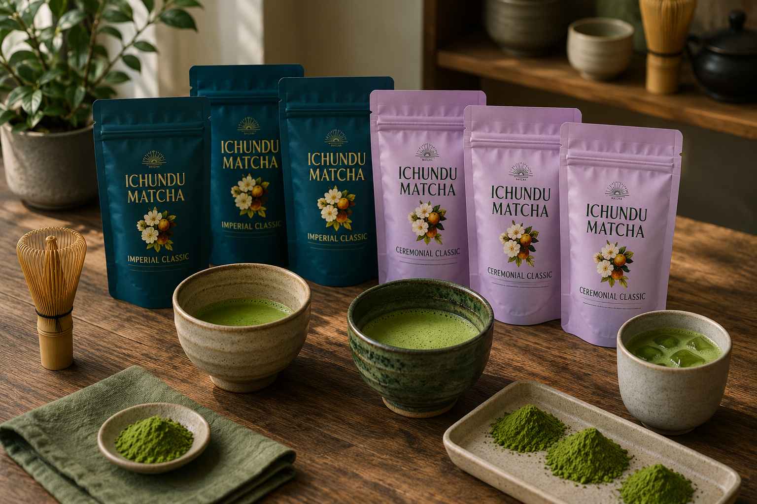 Selection of Ichundu Matcha ceremonial and imperial matcha powders displayed with prepared matcha drinks, showcasing different matcha grades and quality options for consumers and cafés.