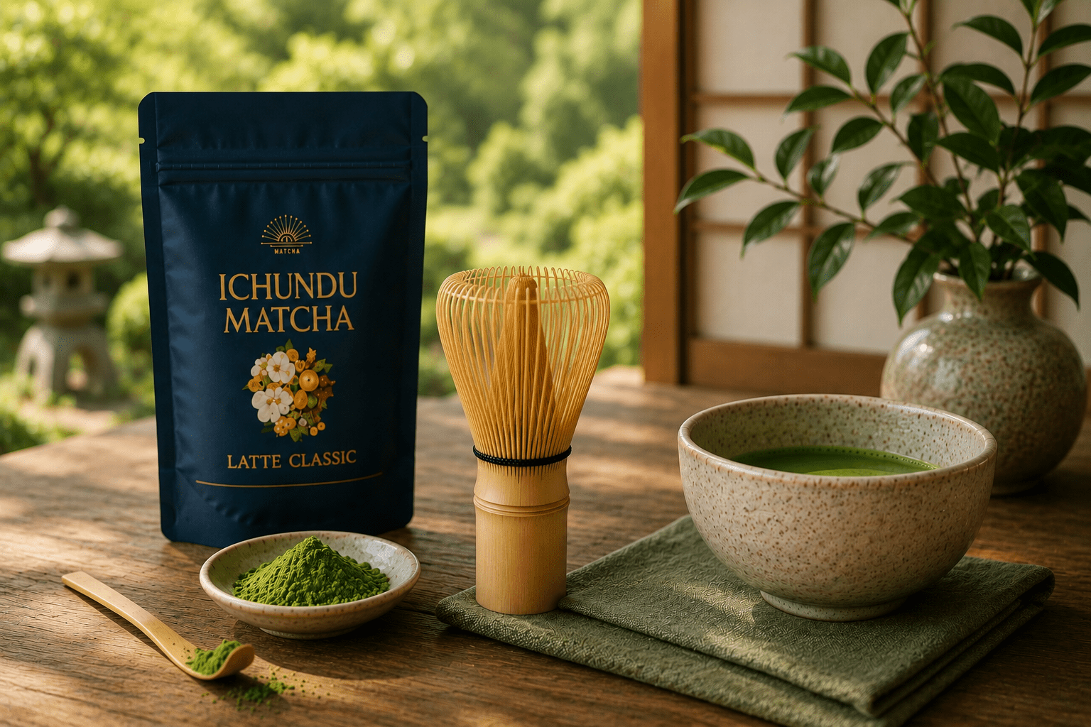 Traditional bamboo matcha whisk (chasen) displayed with Ichundu Matcha, vibrant green matcha powder, and a prepared bowl of matcha in a serene Japanese-inspired tea setting, illustrating the tools used to prepare authentic matcha.