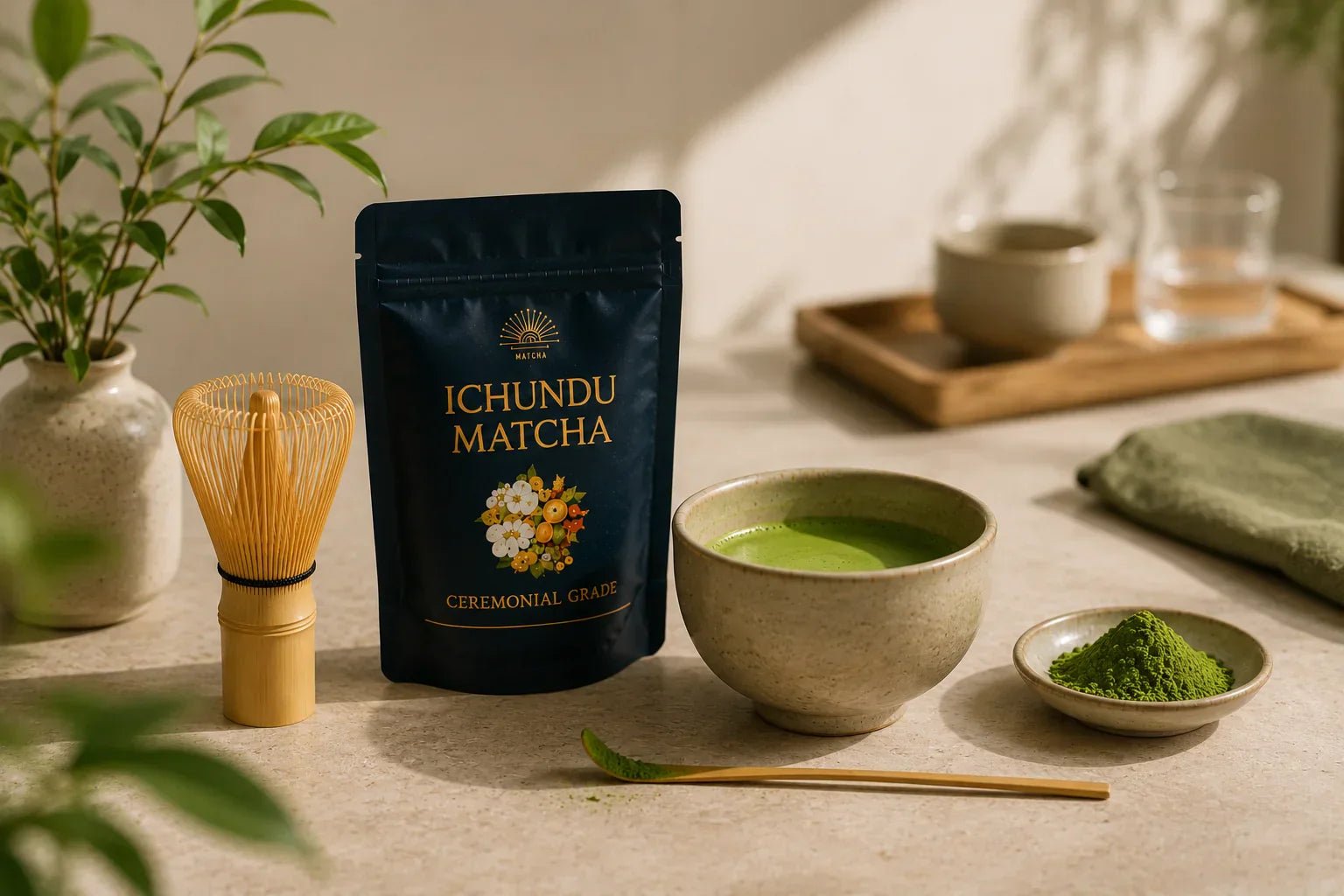 Ichundu Ceremonial Grade Matcha displayed with a traditional bamboo whisk, vibrant green matcha powder, and a freshly prepared bowl of matcha in a warm, minimalist tea setting. 