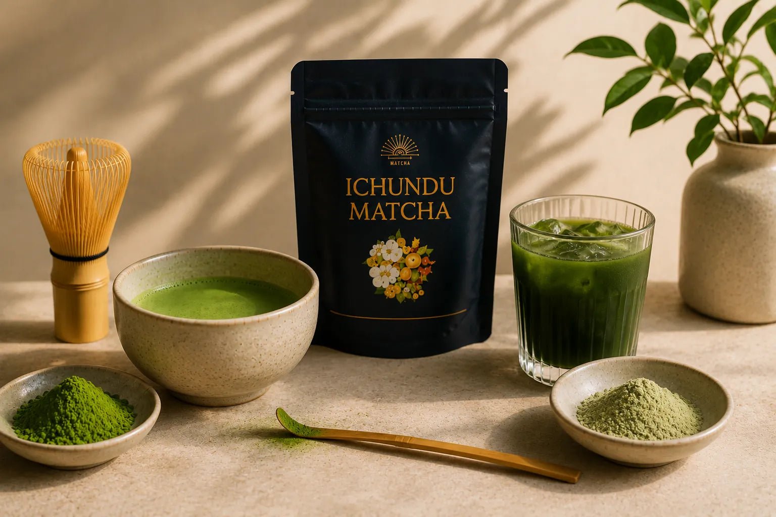 Comparison of matcha and green tea powder featuring Ichundu Matcha, vibrant ceremonial matcha, standard green tea powder, a prepared matcha bowl, iced green tea, and traditional bamboo whisk. 