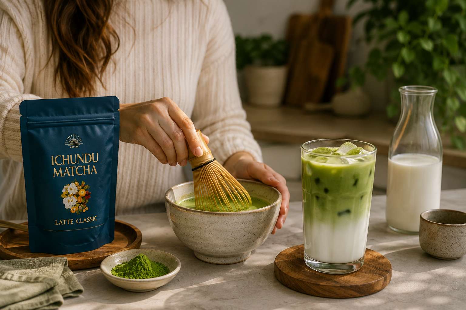 Person whisking an Ichundu Matcha latte at home with Latte Classic matcha powder, bamboo whisk, iced matcha latte, and milk on a bright kitchen countertop
