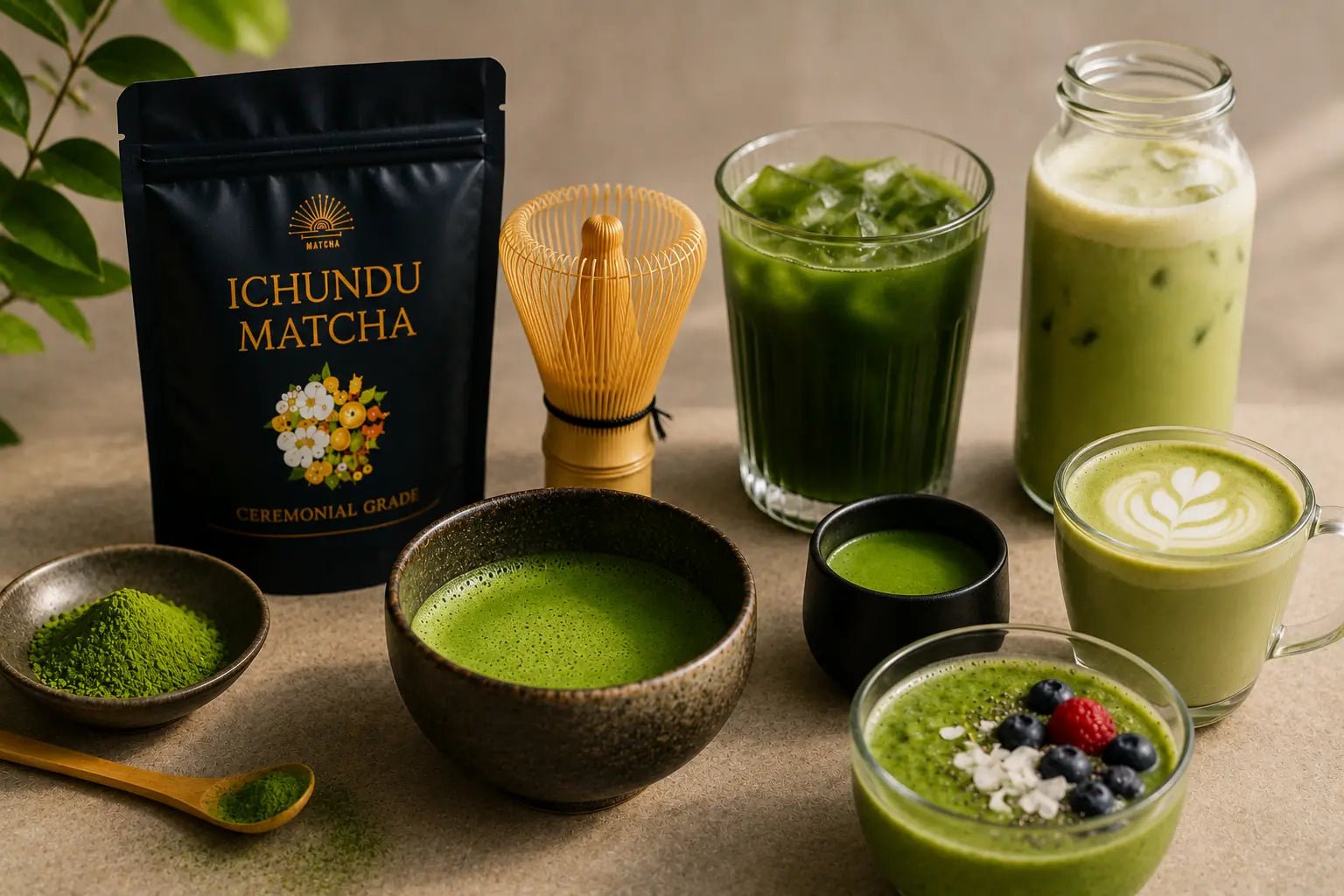 Ichundu Ceremonial Grade Matcha displayed alongside traditional matcha tools and multiple preparation styles, including ceremonial matcha, iced matcha, matcha latte, and a matcha smoothie bowl, showcasing different ways to make matcha at home.
