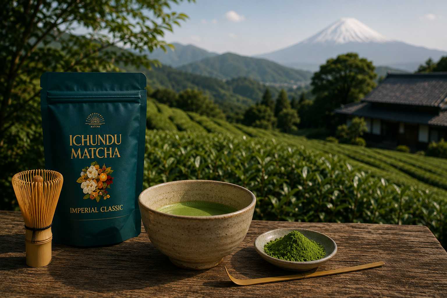 Ichundu Matcha Imperial Classic displayed with traditional matcha tools overlooking Japanese tea fields, highlighting the importance of origin in premium Japanese matcha production.