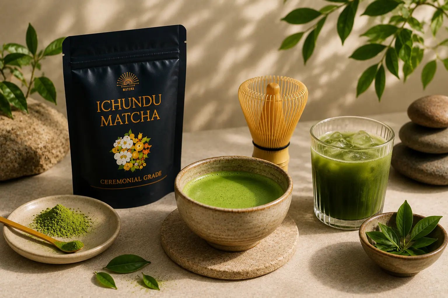 Ichundu Ceremonial Grade Matcha displayed with a traditional bamboo whisk, vibrant matcha powder, hot and iced matcha, and fresh tea leaves in a calm, natural setting representing the health benefits of matcha.