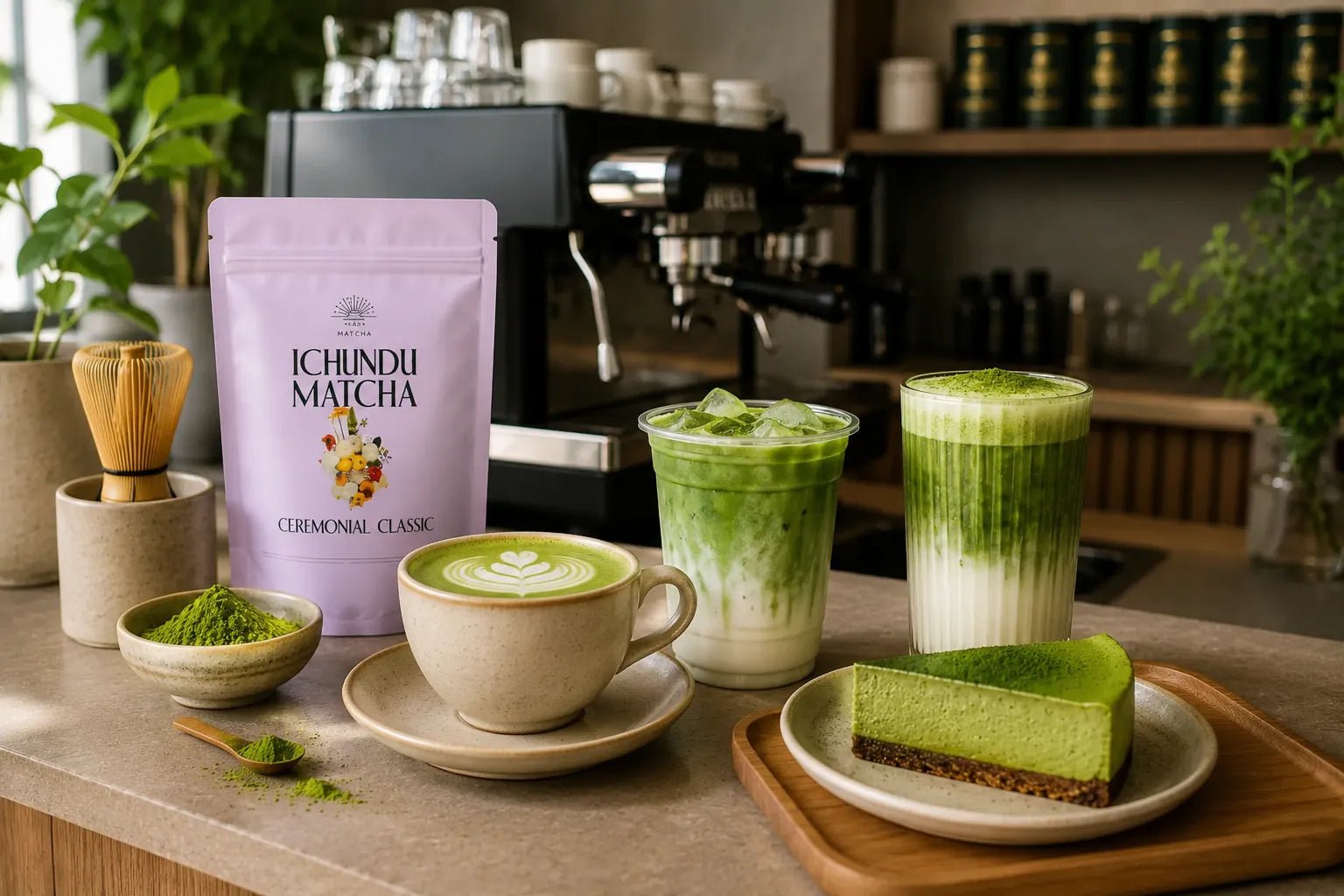 Ichundu Ceremonial Classic Matcha displayed on a coffee shop counter alongside hot and iced matcha drinks, a bamboo whisk, premium matcha powder, and a matcha dessert, illustrating how cafés can successfully add matcha to their menu