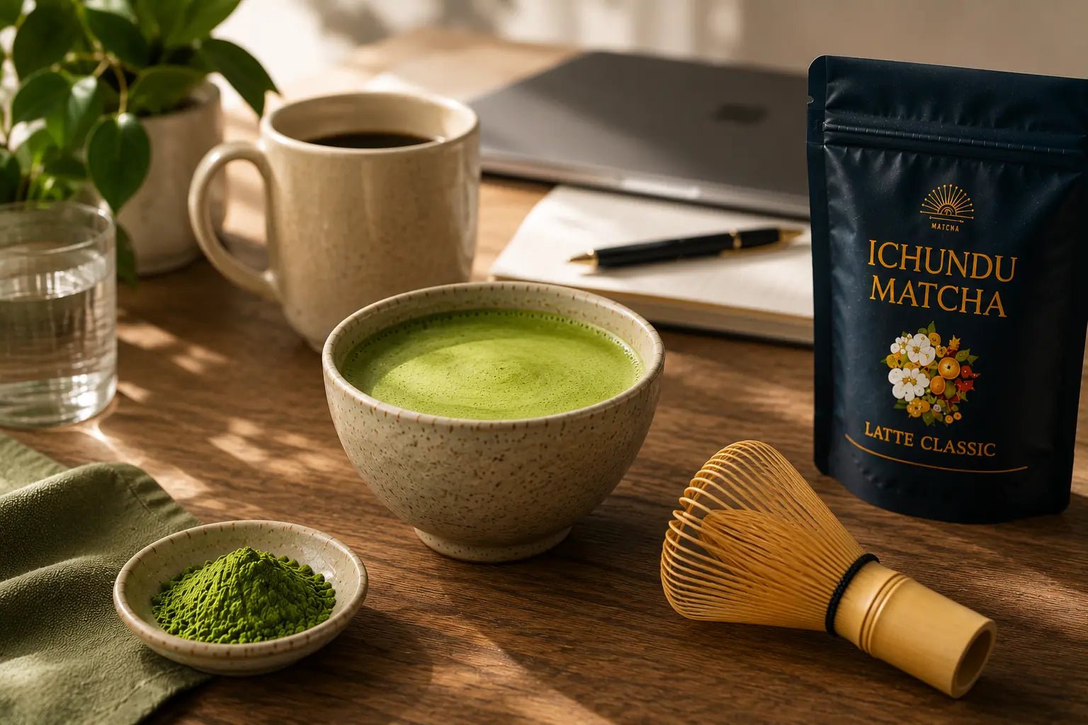 Ichundu Matcha Latte Classic displayed beside a prepared matcha, coffee, bamboo whisk, and workspace, illustrating the difference between matcha and coffee for sustained energy and focus.
