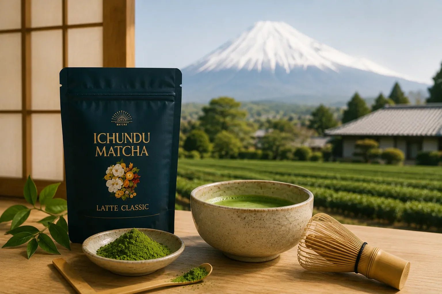 Ichundu Matcha displayed with traditional matcha tools overlooking Japanese tea fields and a mountain landscape, highlighting the origin and craftsmanship behind authentic Japanese matcha. 