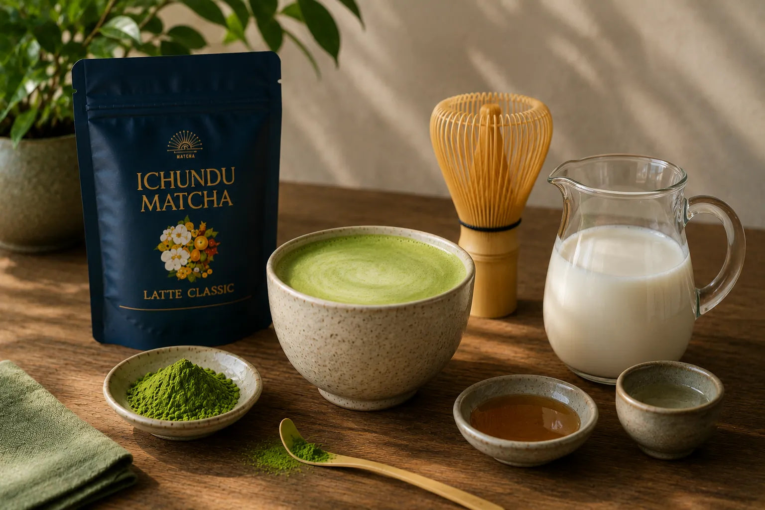 Matcha latte ingredients displayed on a wooden table, including Ichundu Matcha Latte Classic, bamboo whisk, matcha powder, milk, sweetener, and a freshly prepared matcha latte.