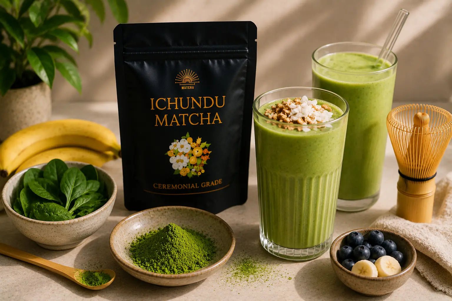 Ichundu Ceremonial Grade Matcha displayed with vibrant green matcha smoothies, fresh spinach, banana, blueberries, matcha powder, and a traditional bamboo whisk, showcasing healthy homemade matcha smoothie recipes. 