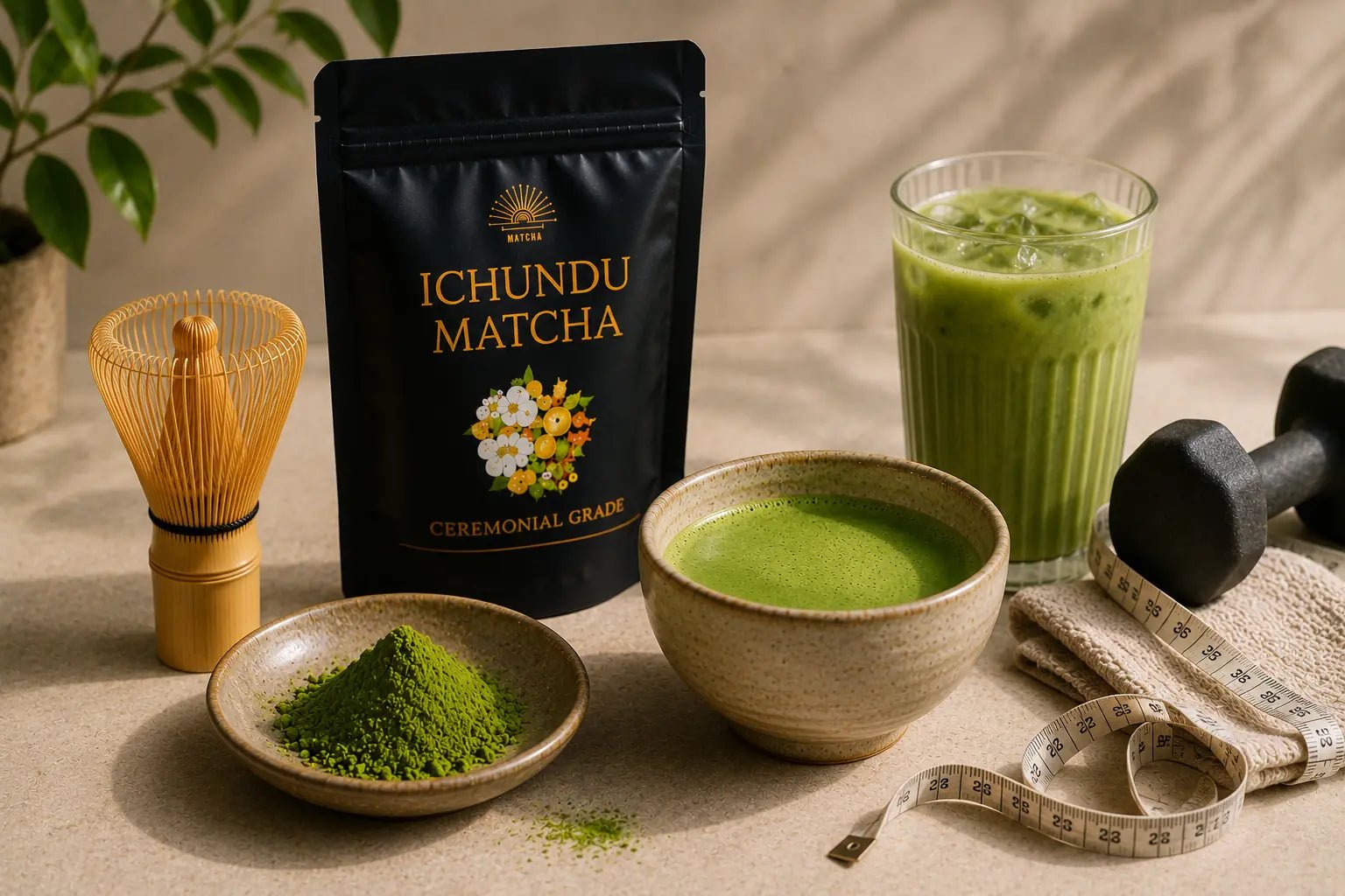 Ichundu Ceremonial Grade Matcha displayed with vibrant matcha powder, a bamboo whisk, hot and iced matcha, and subtle fitness accessories, illustrating matcha as part of a balanced, healthy lifestyle.