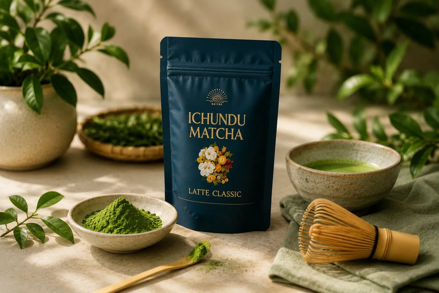 Organic matcha powder displayed with Ichundu Matcha packaging, bamboo whisk, matcha bowl, and fresh greenery in a natural light setting.