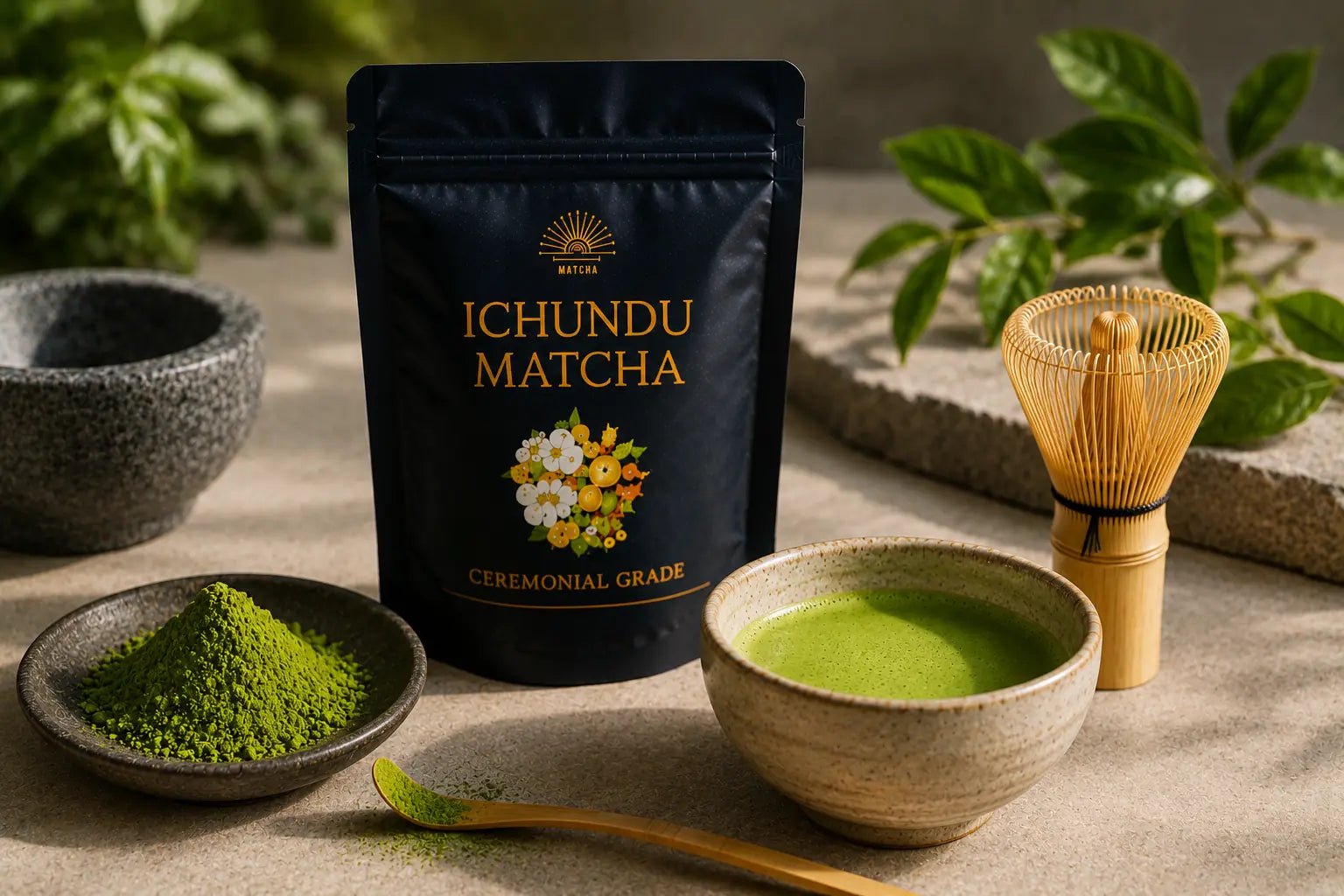 Premium Ichundu Ceremonial Grade Matcha displayed with vibrant matcha powder, a traditional bamboo whisk, and a freshly prepared bowl of matcha in a refined, minimalist tea setting