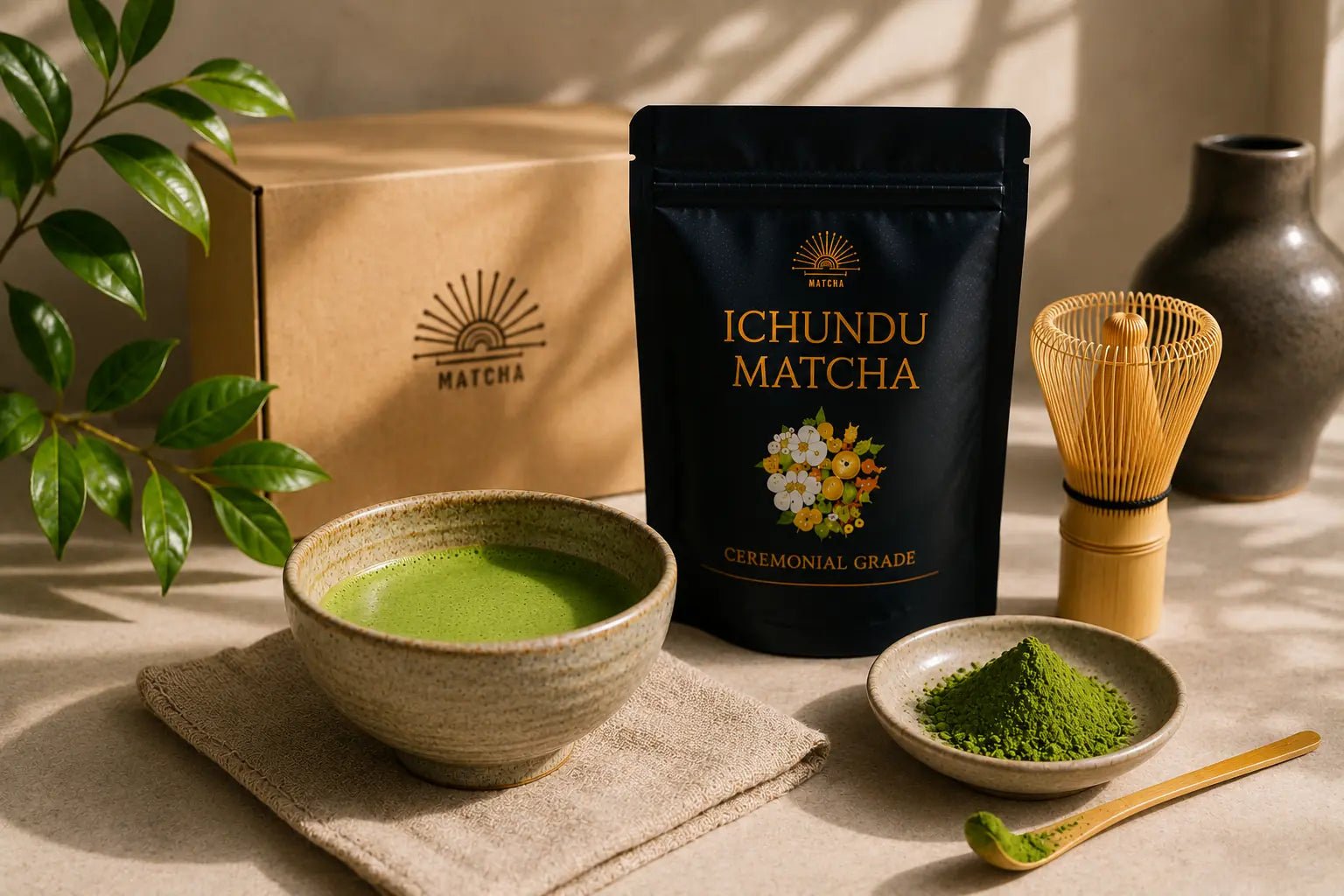 Ichundu Ceremonial Grade Matcha displayed with a shipping box, traditional bamboo whisk, vibrant matcha powder, and a prepared bowl of matcha, illustrating what to look for when buying premium matcha online